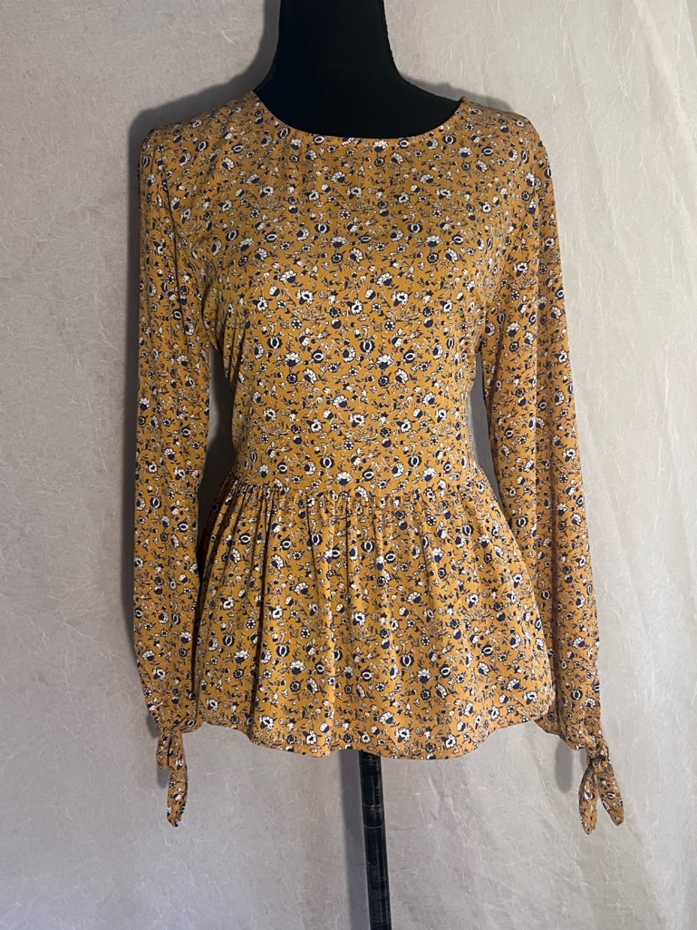 Mustard Floral Long-Sleeve Peplum Blouse